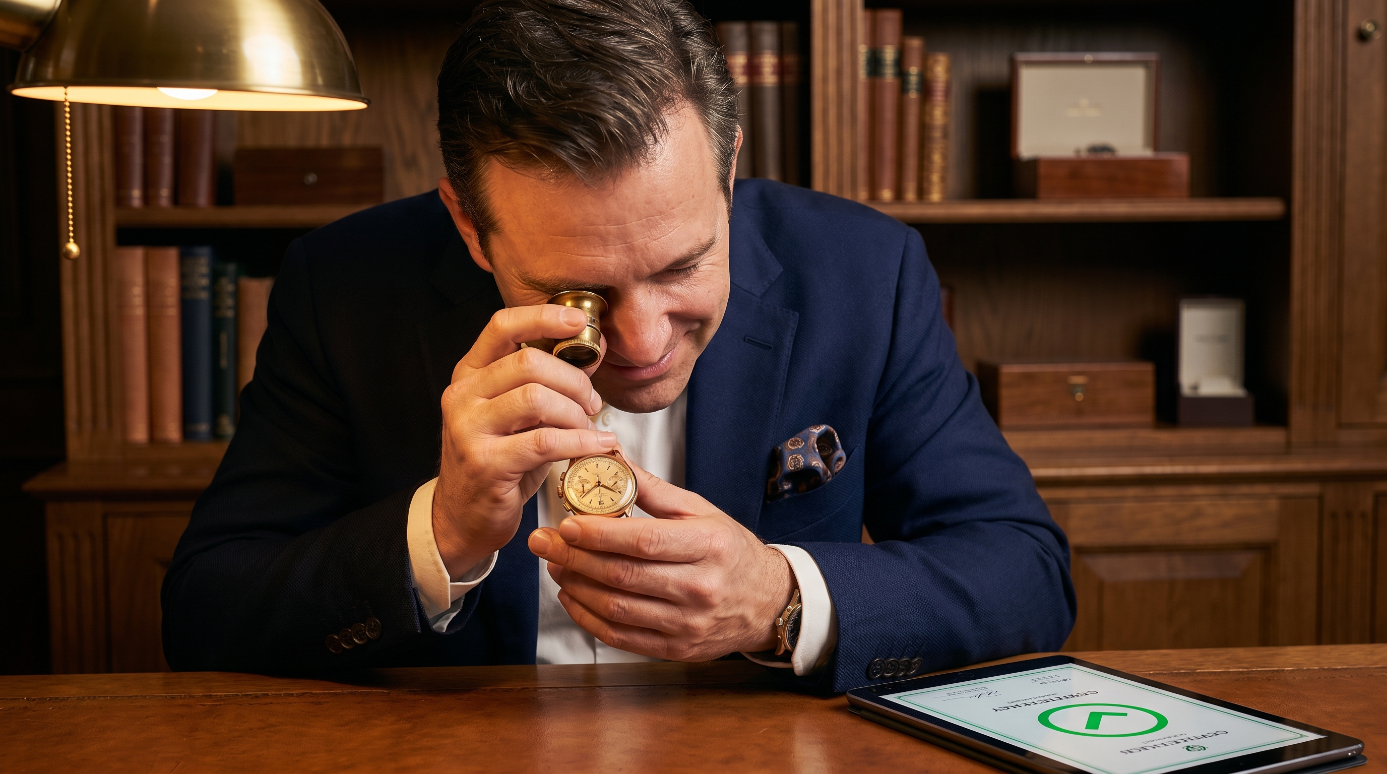 Watch collector examining a luxury timepiece