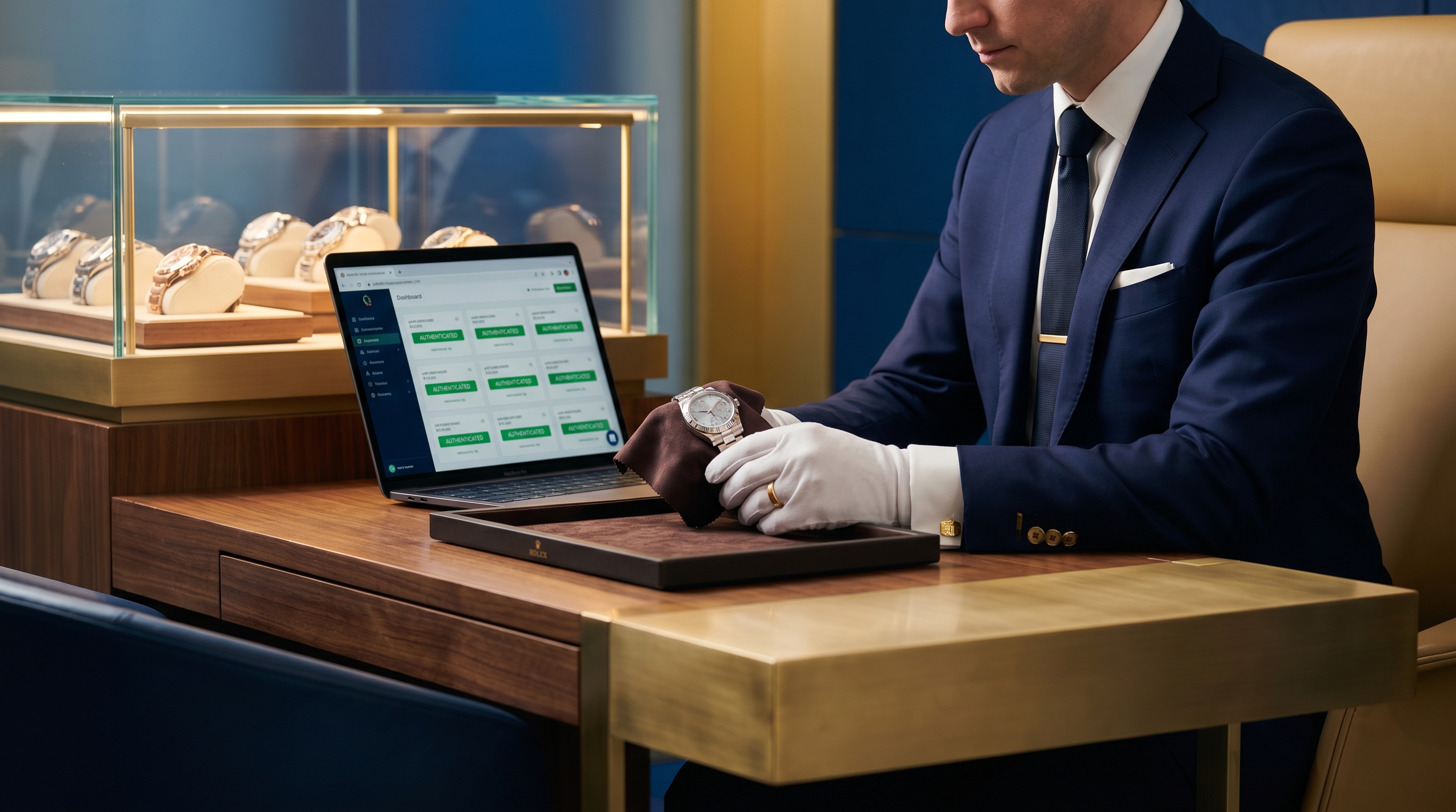 Watch dealer authenticating a luxury timepiece at the counter