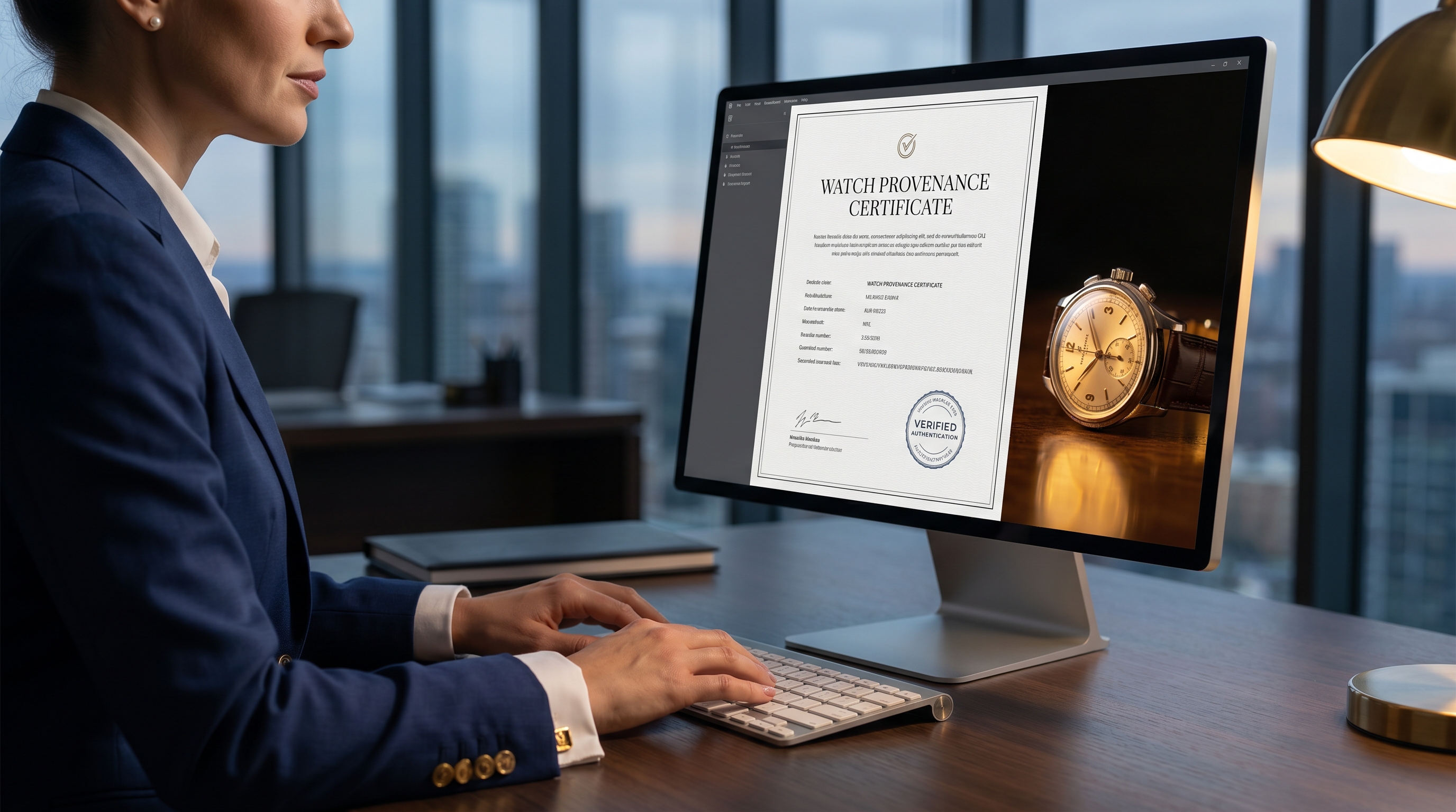 Insurance underwriter reviewing authenticated watch records on a digital platform