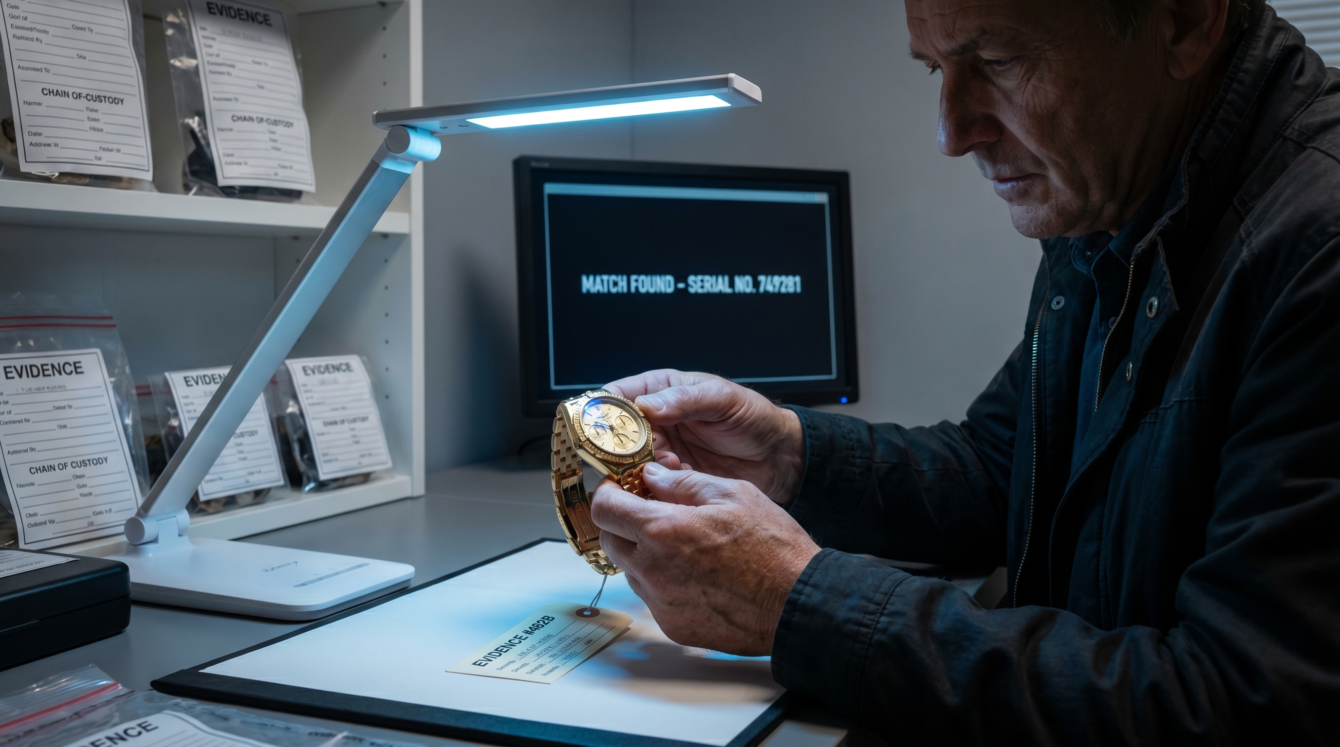Investigator scanning a luxury watch for authentication